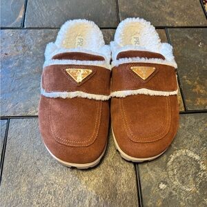 Women's Brown Suede Mules with White Trim